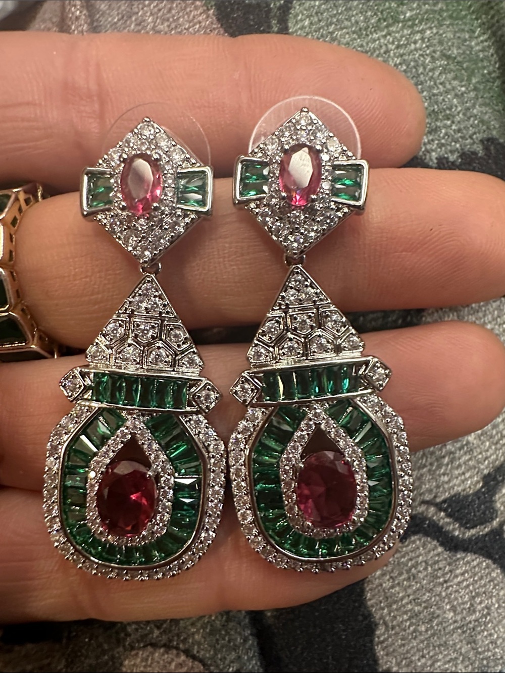 Elegant Silver Drop Earrings with Green Accents and Red Centers